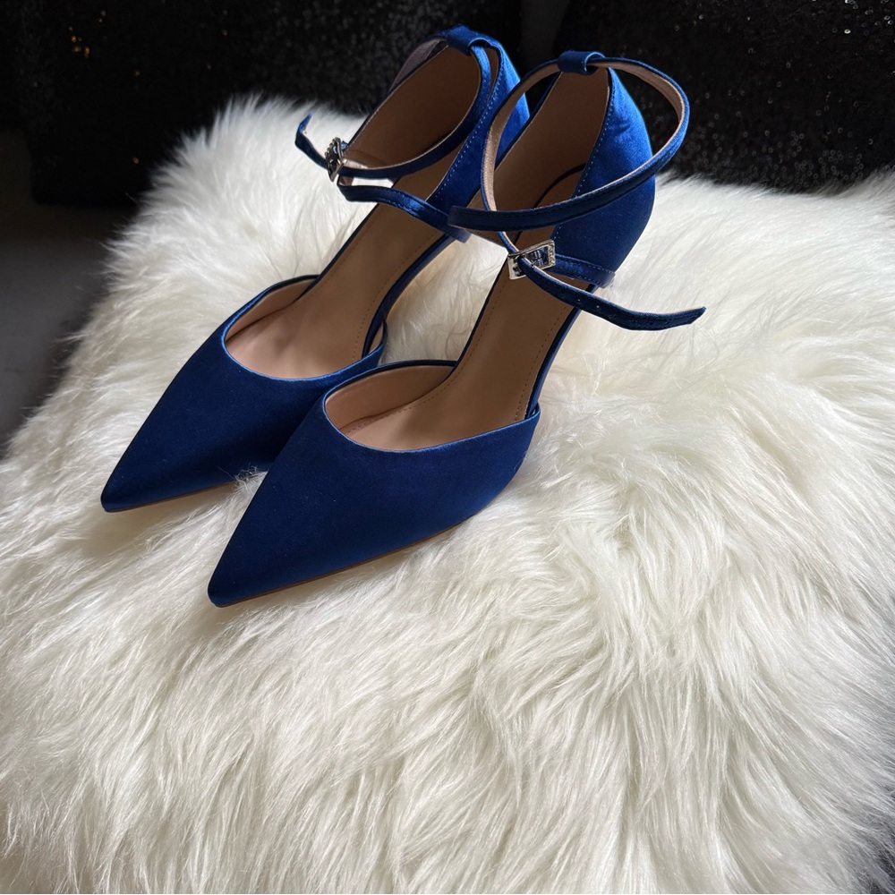 Brand new, blue satin heels